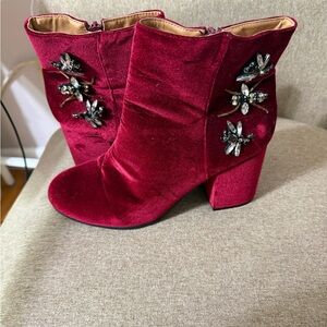 Qupid Burgundy Velvet Heeled Boots with Embellishments